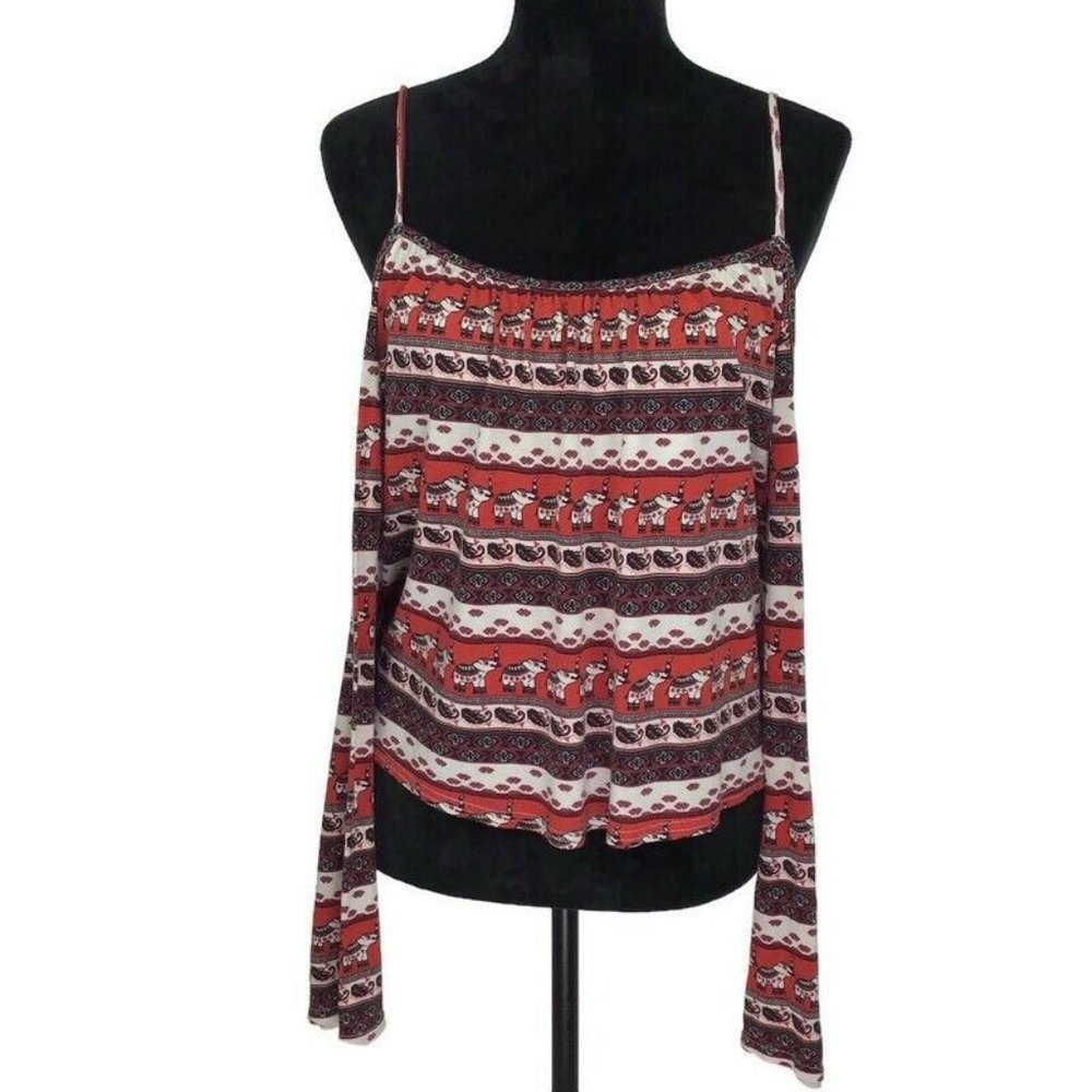 Coachella H&M Elephant Print Cold Shoulder Red Cropped Top Boho Festival